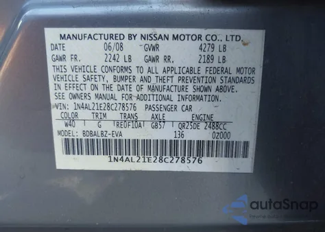 2008 Nissan Altima 2.5 S from USA, damaged, VIN 1N4AL21E28C278576